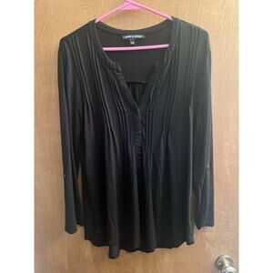 Women's Black Long Sleeve Top Size Large Pleated V Neck Soft